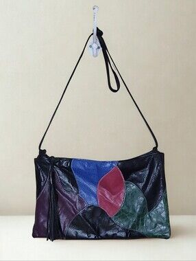 Vintage Patchwork Leather Shoulder Bag Multi Color Colorblock Tassel Zipper